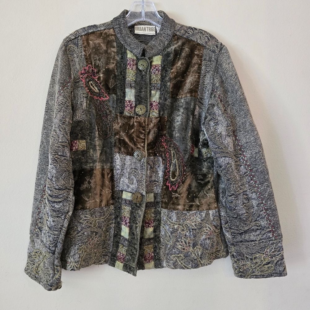 Urban Tribe Tapestry Jacket Women's Size Medium Boho Artsy Patch Jacquard Velour